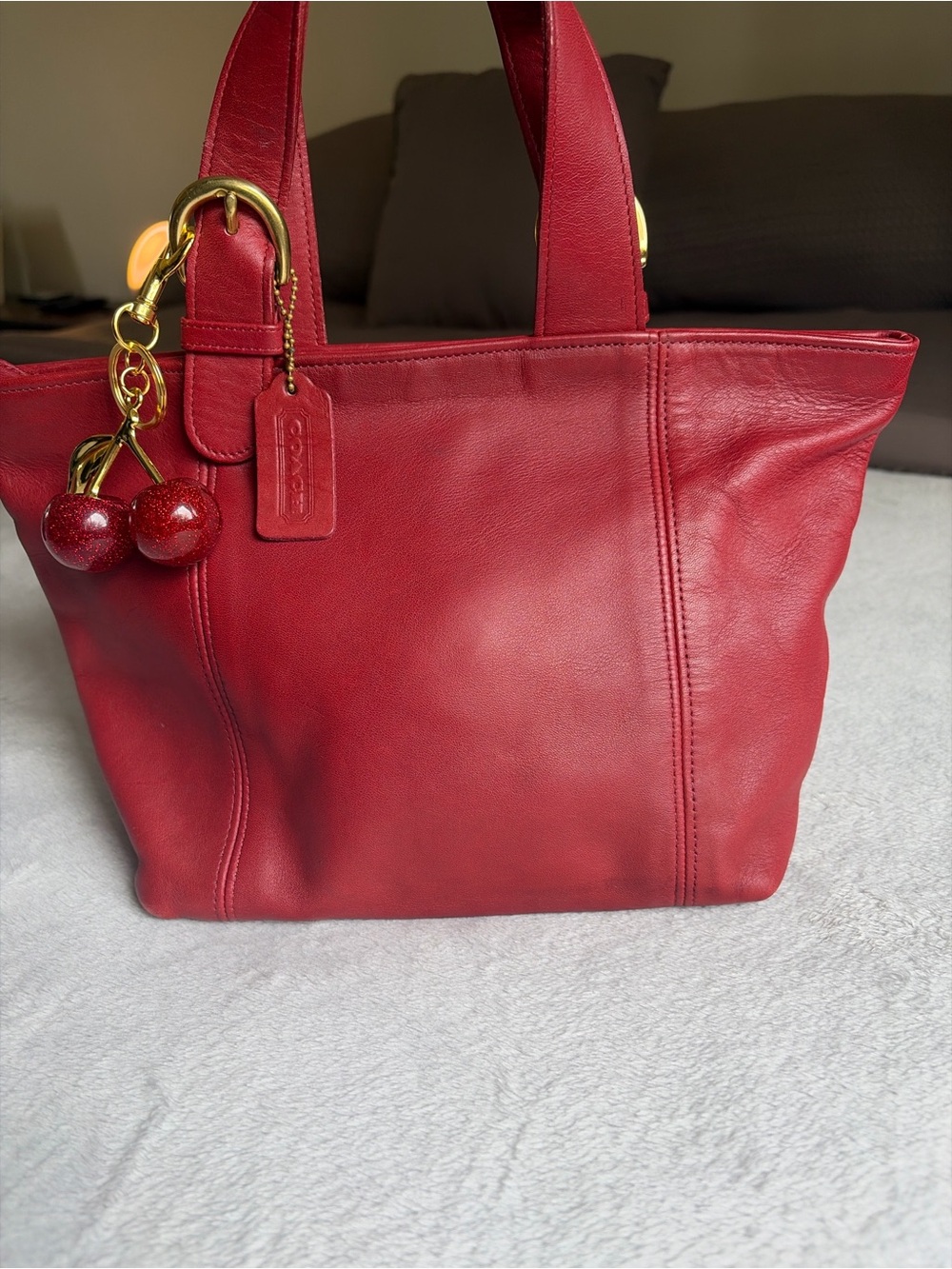 Vintage Coach Soho Waverly Red Leather Mini Tote with Cherry Charm